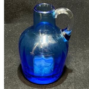Vintage Cobalt Blue Jug with a Clear Handle, 4 in.